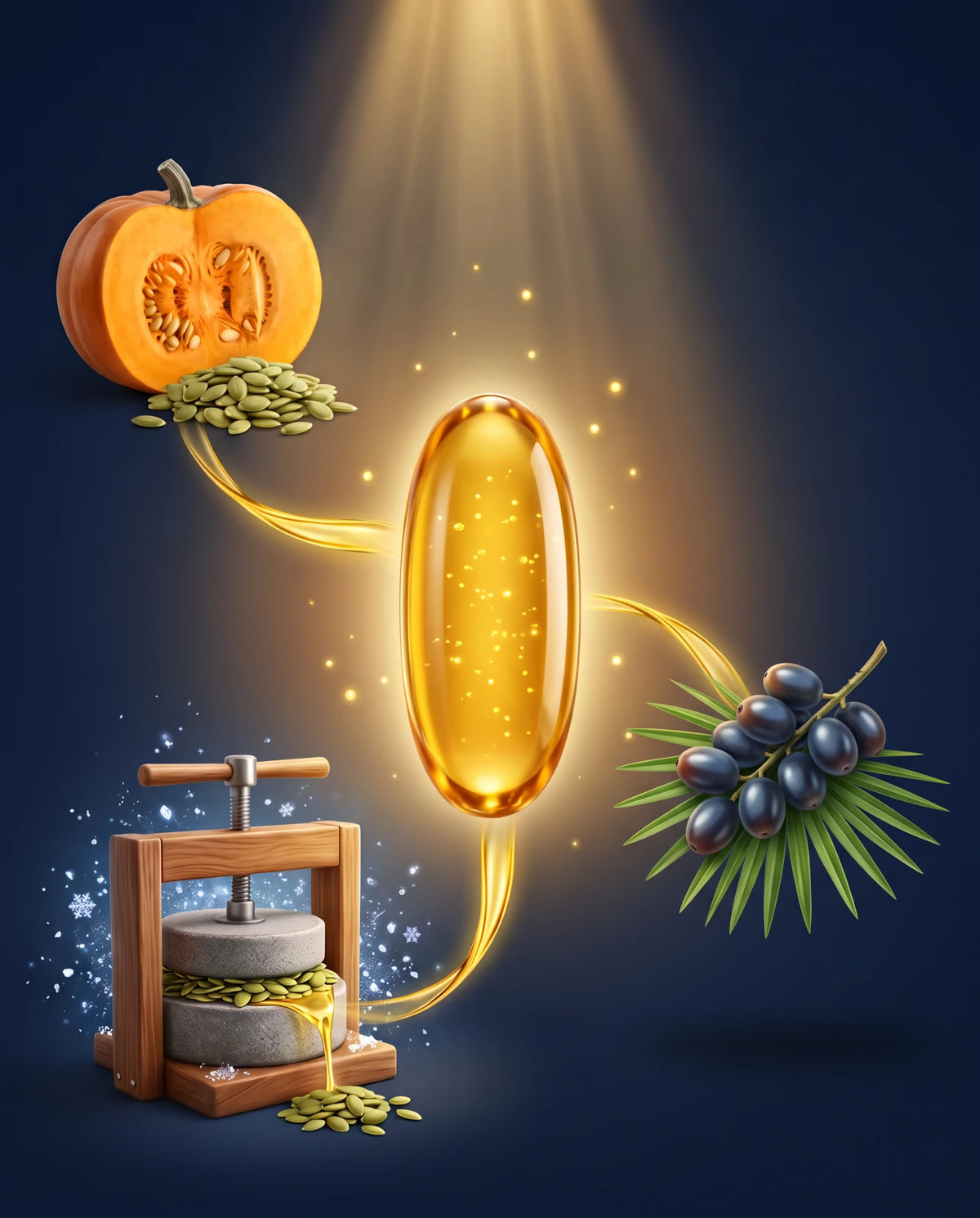 Pumpkin seeds, saw palmetto berries and a cold press, all flowing into one golden softgel