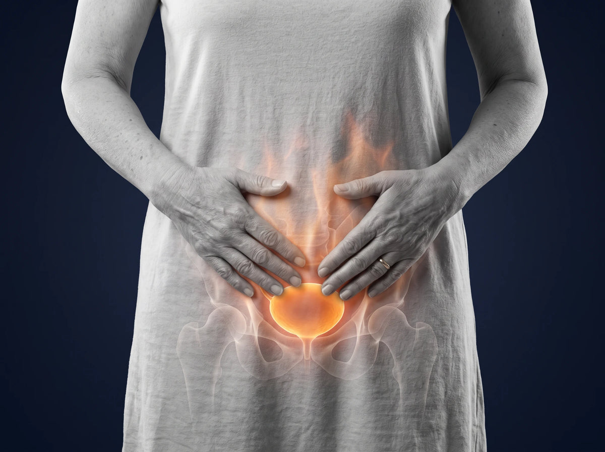 Older woman with her hands on her lower belly, her bladder highlighted